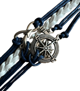 Gevlochten dames armband, blauw/wit met bedeltjes Maritieme