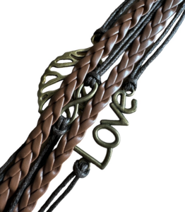 Gevlochten armband, unisex, bruin met blad en tekst Love