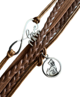 Gevlochten dames armband, bruin met bedeltjes Love Cats